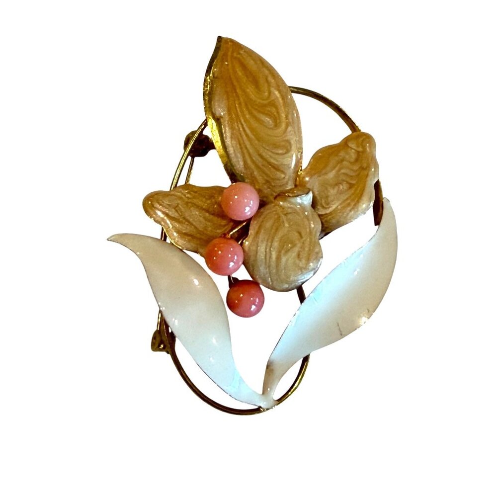Vintage Floral Brooch 2.5" Enamel Leaves Pink Bead Accents Gold-Tone